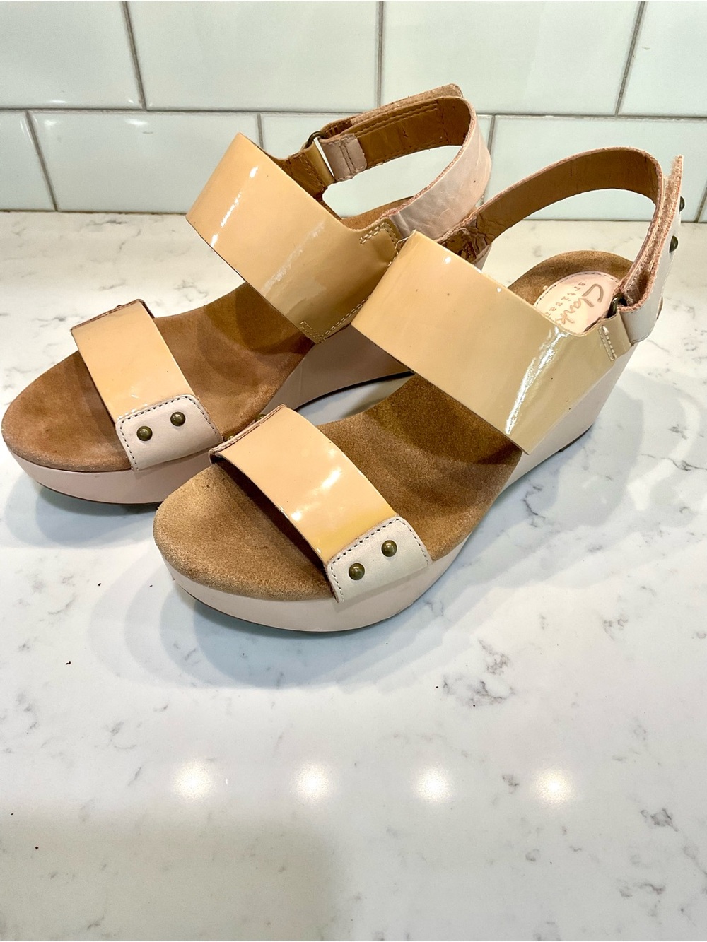 Clarks Patent Beige Wedge Sandals